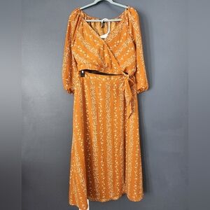 BCBG Paris 2 Piece Dress Balloon Sleeve Crop Top, Maxi With Side Split Skirt